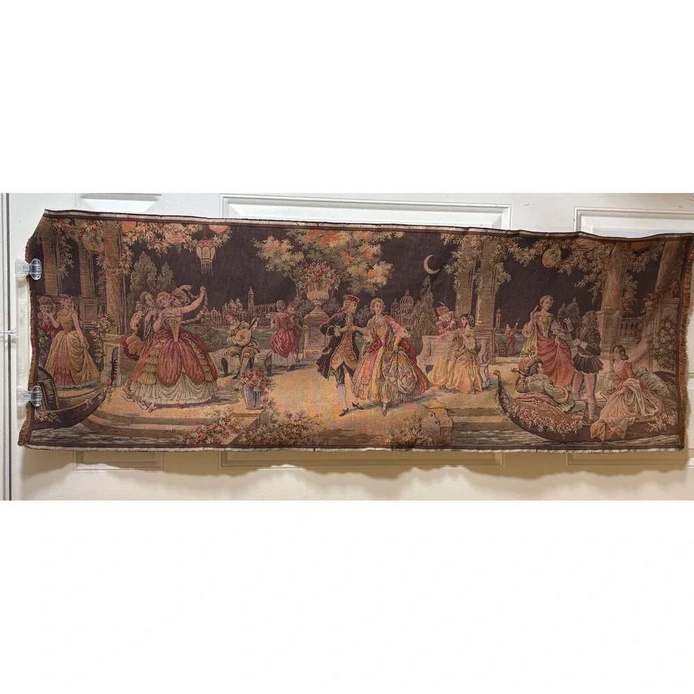 Vintage Belgium Woven‎ Tapestry Runner Courting Venetian Party Scene 57x19.75
